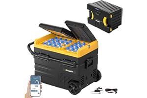 BougeRV CRD Nevera Compresor 12V 220V 45L con Batería 173WH, Nevera Portátil Doble Zona Doble Puerta Congelador Nevera con Ruedas Control App para Coche Camión Viaje Barco Camper Furgoneta -20℃-20℃