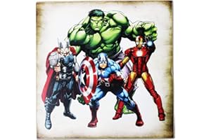 KUSTOM ART Aimant (aimant) Série Marvel 4 Superhéros Iron Man, Hulk, Thor, Captain America Style Vintage collection Impression sur bois 8 x 8 cm