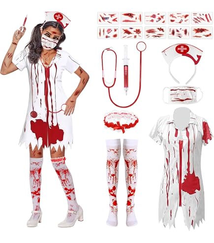 Blutiges Krankenschwester-Kostüm-Set Für Halloween – 4-teilig Mit Messer-Stirnband