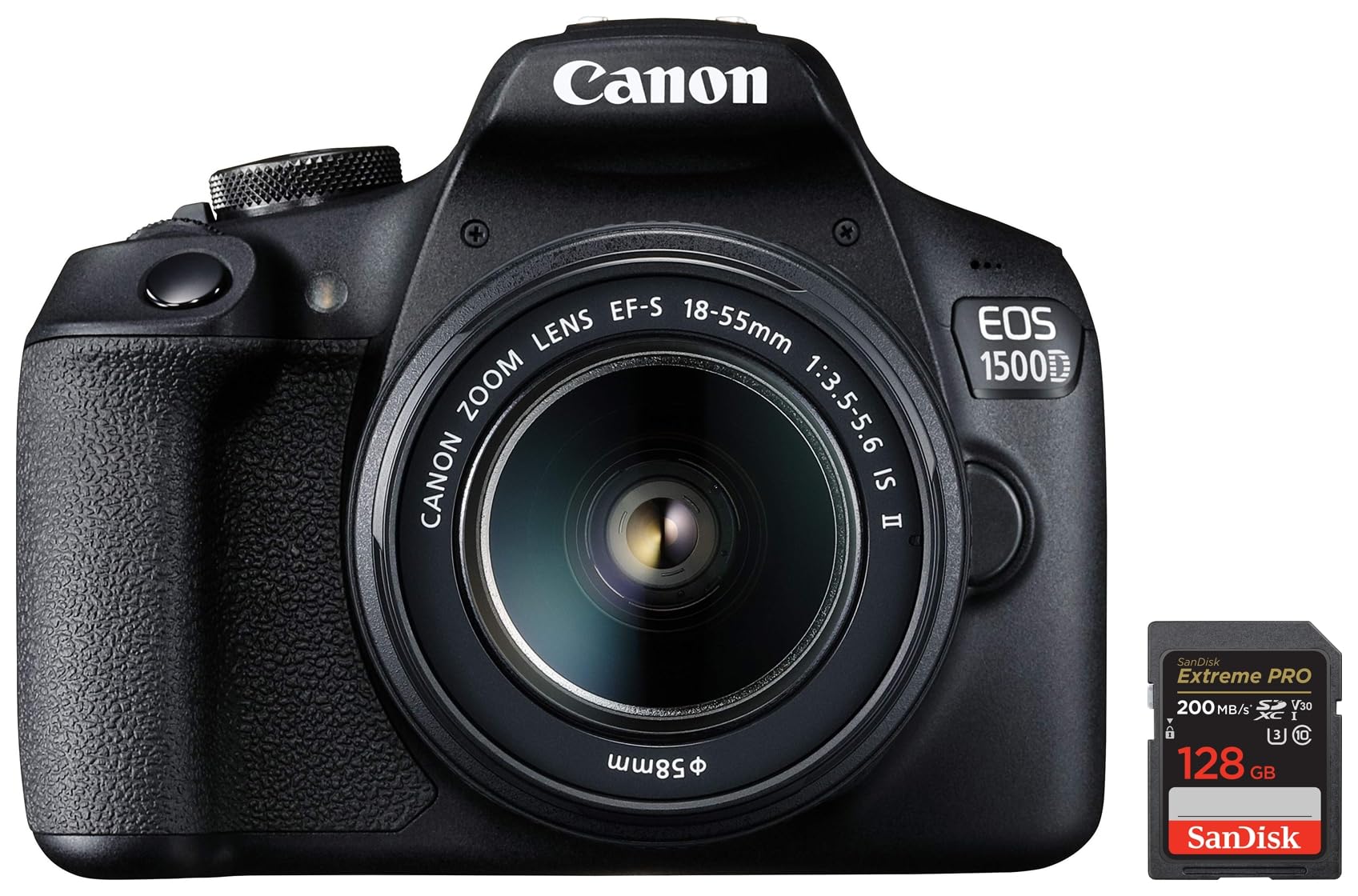 Canon EOS 1500D 24.1 Digital SLR Camera (Black) with EF S18-55 is II Lens & SanDisk Extreme Pro SD UHS I 128GB Card for 4K Vi