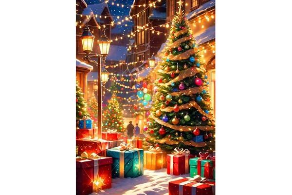 QENSPE 5D Diamond Painting Rue de Noël, Kit Peinture Diamant Adulte, Bricolage Diamond Painting Broderie Diamant Kit Complet, Arbre de Noël Diamond Art Point de Croix Maison Murale Decor 30x40 cm