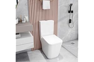 Robanmoa Rimless Close Coupled Toilet WC White Ceramic Open Back Bathroom Toilets Back to Wall & Dual Flush Cistern Soft Close Seat Modern Square Toilet for Cloakroom WC
