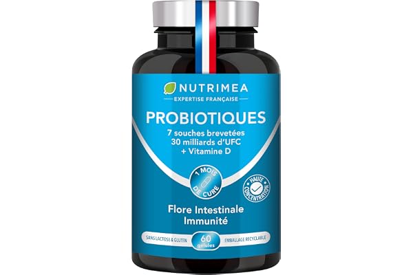 PROBIOTIQUE FLORE INTESTINALE - Complexe Ferments Lactiques avec Vitamine D - 7 Souches Brevetées - Jusqu'à 60 Milliards d'UFC/jour - 60 Gélules Vegan - Nutrimea - Fabriqué en France