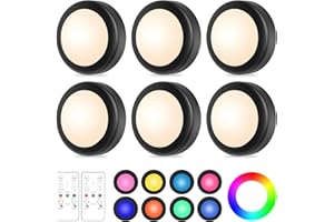 WUYOR Wireless Under Cabinet Lights, 16 Color LED Puck Lights with Remote Control, RGB Brightness Adjustable, 6 Packs Black