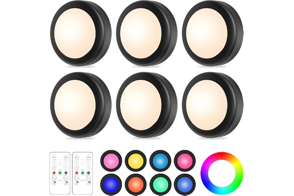 WUYOR Trådlösa underskåp lampor, 16 färger LED-puck lampor med fjärrkontroll, RGB-ljusstyrka justerbar, 6 paket