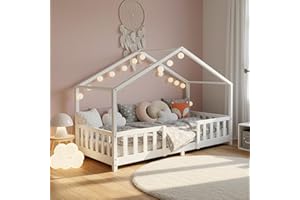 [en.casa] Letto per Cameretta a Forma di Casetta con Barriera di Protezione Letto Singolo per Bambini Struttura in Legno di Pino 80 x 160 cm Bianco