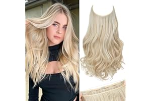 SARLA Invisible Wire Hair Extensions with 3 Clips Short 14 Inch Synthetic Wavy Curly Hairpiece for Women Adjustable Transparent Headband Cream Blonde