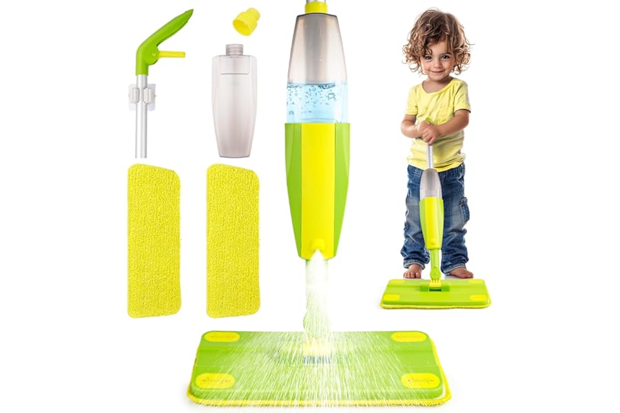 Yeeammk Kids Spray Mop Toy for Toddlers Age 3+, Real Water Sprayer with Detachable Cloth, Montessori Pretend Play Cleaning and Learning Toys Gift for Kids Girls Boys