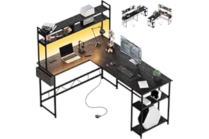 Flamaker Eckschreibtisch 140cm Reversibel Computertisch mit Bücherregale Schreibtisch L Form mit LED & Powe für Arbeitszimmer und Homeoffice, Schwarz