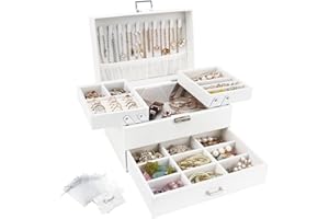 CASIWAFT Jewellery Box Organiser, 3 Layer PU Leather Jewellery Case, Large Jewellery Organiser with Drawer, Jewellery Storage Case for Necklaces Earrings Bracelets and Rings, White