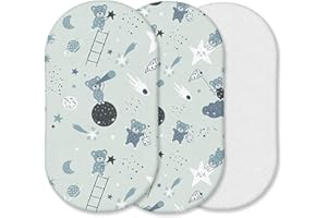 HAJRAN LINEN 3 Pack Moses Basket Fitted Sheets | 2 Pcs 100% Cotton Fitted Sheets, 1 Waterproof Mattress Protector | Oeko-tex 100 Breathable, Soft & Antiallergic (Grey Teddy & Moon, 75 x 30 cm)