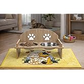 GOBYPET Ahşap Kedi Mama ve Su Kabı ile Paspası, &Ccedil;ift Hazneli Metal Mama ve Su Kabı, &Ccedil;ift Hazneli K&ouml;pek Mama kabı (Oval Mama K