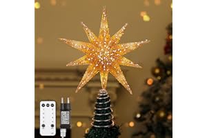 Lewondr Estrella para Árbol de Navidad, 13" Estrella Navideña de 10 Puntas Iluminada con Enchufe y Control Remoto para Decoración Navideña, Temporizador 6H y 8 Modos Iluminación, Luz Cálida, Oro