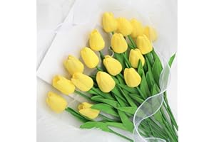 Kisflower 12Pcs Latex Artificial Tulips - Fake Tulips Artificial Flowers Faux Yellow Tulips Real Touch Flower for Home Office Wedding Decoration（Yellow）