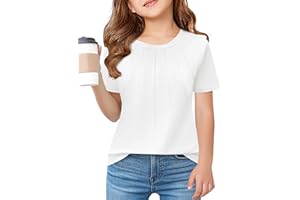 Haloumoning Mädchen T-Shirts Pleated Ärmel Sommer Rundhals Kurzarm Tops Kinder Freizeit Shirts Mode Basic Tshirt für Teenager