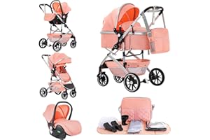 Kakbgee 3 in 1 Baby Stroller, City Pram Travel System, Pushchair One-Click Folding, Baby Buggy, Carrycot & Car Seat Unit with Mosquito Net, High Landscape Stroller for Newborn 0-4Years, Pink