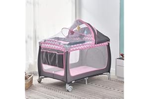 QIHANG-UK Baby Travel Cot 114 x 77 cm, Portable 2 in 1 Baby Crib Bed and Playpen with Carrying Bag, Foldable Infant Nursery Center with Wheels Changing Table Folding Mattress, Grey-Pink
