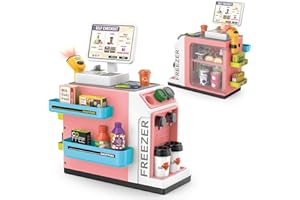 Sotodik 46PCS Cash Register Playset for Kids with Water Outlet Function Pretend Play Coffee Machine, Mini Supermarket Grocery Store with Money, Scanner,Play Foods, Gift for Boys and Girls（Pink）