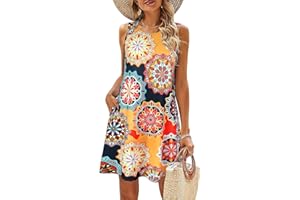BDTECAOR Sommerkleider Damen Ärmellos Blumen T-Shirt Strandkleid Leichte Lässige Taschen Boho Tank Kleid