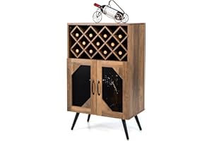 ‎GIANTEX GIANTEX Küchenschrank Weinschrank Holz, Barschrank Buffetschrank mit Glashalter & abnehmbarem Weinregal für 11 Flaschen, rustikales Sideboard, bodenstehender Vorratsschrank mit Türen, 59,5x33,5x93,5cm