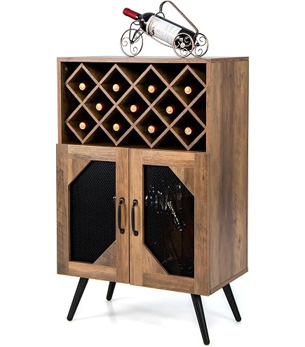 Armoire à Vin KOMFOTTEU Style Vintage 5 Bouteilles + 6 Porte-Verres - Marron Rustique