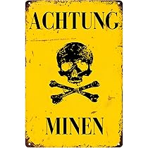 Metal Wall Sign - Achtung Minen - WW2 German War Mines Man Cave Warning
