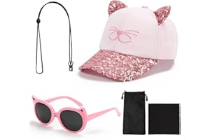 Zouwel Kids Sunglasses Girls, 3-10 Years Girls Baseball Summer Cap & Kids Sunglasses，Cute Cat Ear Hat with Sparkling Sequins