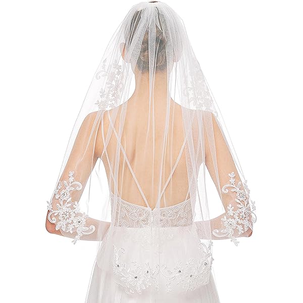 Voile Mariée Appliqués Voile Mariée Court Dentelle Avec Peigne - Blanc - Pour Photos Mariage, Fiançailles - Longueur 80-100cm Voile De Coiffure Mariage