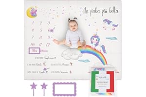 ANDY & HELEN Coperta Mesi Neonato 100% Cotone Made in Italy con Segnamesi - 103x135cm - Unicorno