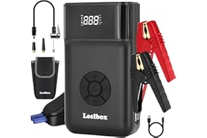 LEELBOX Arrancador de Coches Con Inflador, 1600A 11200mAh Arrancador de Baterias de Coche 12V (para 3.5L Disésel o 5.2L Gas), Arrancador con Pantalla LCD, Compresor Aire Portatil, Luz LED y Carga Rápida QC3.0