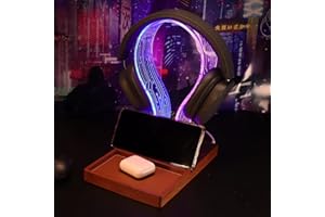 YuanDian Gamer Gifts for Teenage Boy, LED Gaming Headphone Phone Stand with Tray - Wood Holder with Blue Pink LED Night Light, Desk Organizer, for Gamers, Men, and Music Lovers