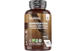 WEIGHTWORLD Ashwagandha Orgánica 605mg, 180 Cápsulas para 6 Meses, Con Pimienta Negra - Polvo de Raíz de Withania Somnifera, Con Certificación Orgánica, Suplemento Vegano, Sin Gluten ni OGM