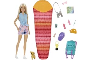 ‎BARBIE Barbie Camping Serie, 1x Puppe mit blonden Haaren, Wanderrucksack, Outdoor-Ausrüstung, Fernglas, Landkarte, Welpe, Zubehör, Geschenk für Kinder, Spielzeug ab 3 Jahre,HDF73