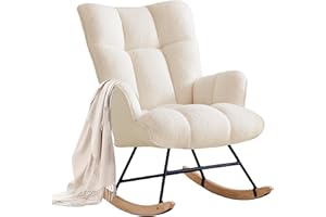 XH.Easy Go Rocking Chair Nursery Teddy Upholstered Glider Rocking Accent Chairs Padded Seat with Rubber Wood Legs Armchair Comfy Side Chair for Living Room Bedroom Offices (Ivory Teddy)