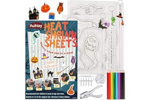 Auihiay 145 Pieces Halloween Heat Shrink Plastic Sheet Kit Include 8 Shrink Paper with Halloween Patterns, 4 Blank Shrink Film Papers, Hole Punch, Keychains, Pencils for Kids DIY Creative Craft