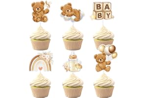 24-pack Kakdekorationer Baby Shower, Brun Björn Tårttopper för Pojkar, Könsavslöjande Dekorationer, Födelsedag och Björntema