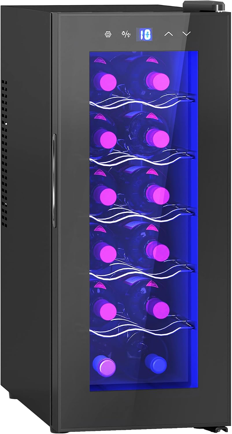 HOMCOM Vinoteca 12 Botellas, Nevera para Vinos con Doble Refrigeración Termoeléctrica, Temperatura Ajustable 8-18℃, Silencioso 37db, Puerta de Vidrio, Anti-UV, Pantalla LED, Luz Interior, Negro