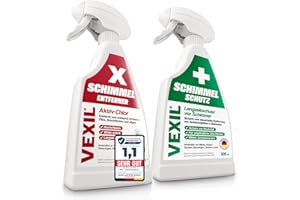 VEXIL Schimmelbekämpfung Duo – Schimmelentferner mit AKTIV-CHLOR + Schimmelschutz Spray – Schimmel entfernen & Neubefall verhindern – Bis zu 18 Monate Langzeitschutz – 2x 500 ml – Made in Germany