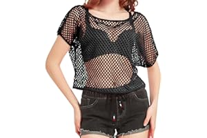 WILDPARTY 80s Fancy Fishnet Top for Women, Neon Mesh Top Off the Shoulder T-shirt 1980s Retro Theme Party Costume Accessories Cosplay