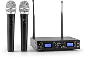 Malone Duett Pro V1 - Set de microphones sans fil 2 canaux UHF, Système de microphones sans fil, 2 microphones à main sans fil, Portée de 50 m, Protection anti-pop, Grande autonomie, Noir