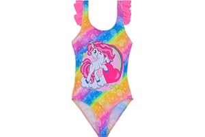 POWER FLOWER Costume da Bagno per Ragazze Unicorno Costume da Bagno Intero con Volant Abbigliamento Mare per 4-14 Anni Ragazza