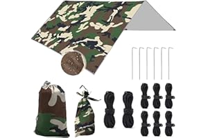 Snarflun 3x3M Camping Bâche, Tarp Ultra Léger, Tarp Bivouac Anti UV Ripstop, avec Oeillets, 6 Piquets en alu, 6 Cordes, pour Bivouac, Randonnée, Trekking, Hamac, Auvent Van Fourgon