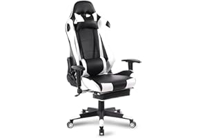 WOLTU Silla Gaming, Cuero Sintéticor Ergonómica Gaming para Chair con Reposacabeza & cojín Lumbar & Reposapiés Gamer Sillon Videojuegos, Livestreaming, Silla de Oficina y computadora Negro+Blanco