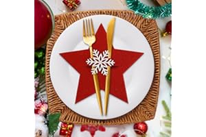 QUOHE Decoracion de Mesa Navidad, 12 Pcs Porta Cubiertos Navideños de Fieltro Estrella Cestas Bolsa Soporte para Cubiertos, Rojo Navideña Cuchillos Tenedores Cucharas Bolsita Vajilla Bolsas Adornos Navidad