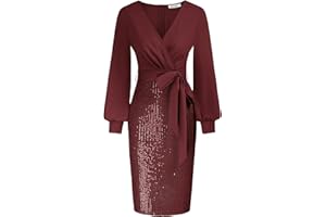 GRACE KARIN Femme Travail Robe de Cocktail Col en V Manches Longues Crayon avec Ceinture élégante