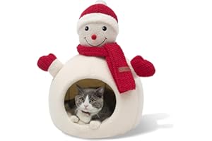 CATISM Weihnachten Katzenhöhle - 42 x 42 x 55 cm Katzenbett für Indoor-Katzen, Niedliche Schneemann Katzenbetten mit Warmen Kissen, Abnehmbare Höhle, Anti-Rutsch-Boden