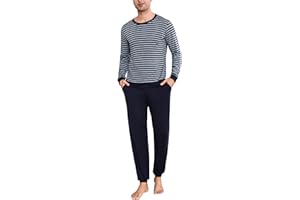 Bresdk Pijama Hombre Invierno Algodon Manga Larga Conjunto de Pijama a Rayas Dos Piezas Pijamas Largos Cuello Redondo S-3XL