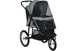 PawHut Dog Pram, Dog Stroller Jogger Foldable Pet Pushchair for Medium, Small Breeds, w/Rubber Wheels, Washable Cushion, Grey