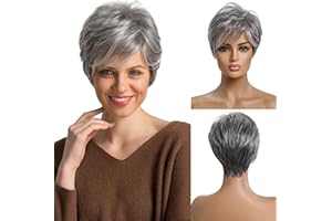 EMMOR Pelucas cortas de cabello humano plateado gris para mujeres, mezcla con fibra de memoria saludable Peluca rizada pixie con flequillo, cabello natural para uso diario