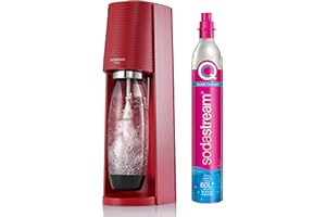 SodaStream TERRA - Máquina de agua con gas (1 botella de 1 L + 1 recarga de gas de 60 L, con clips, color rojo